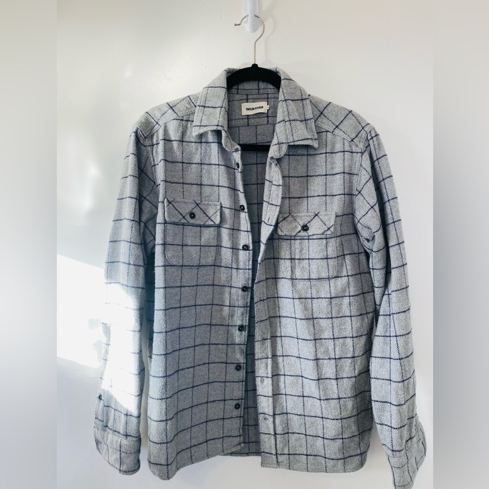 Taylor Stitch Grey and Navy Windowpane Cotton Flannel shirt 42 Size Large